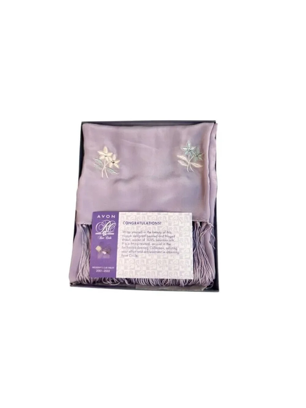 Lavender Scarf Embroidered Floral Rhinestone Fringed 76x21 inches Silk Rayon Pre